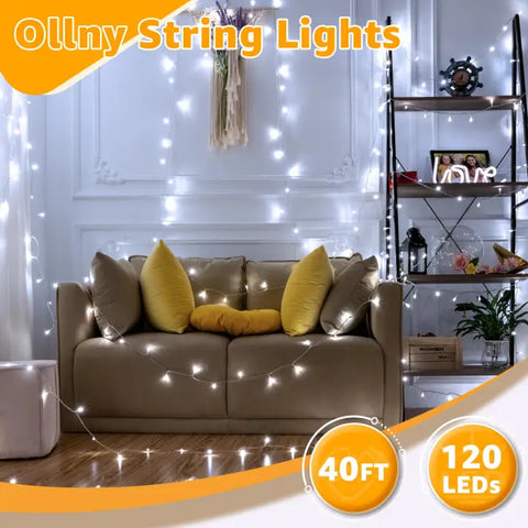 120 LED 40ft Cool White Connectable String Lights (Clear Cable, Plug in, 8 Modes)