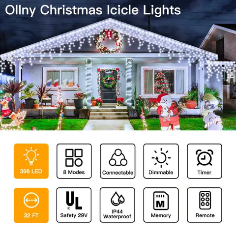 Ollny's 396 leds 32ft cool white icicle lights features list