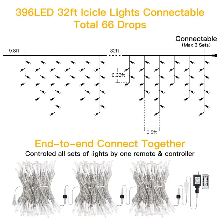 Ollny's 396 leds 32ft cool white icicle lights length dimensions and instructions on how to connect it