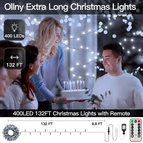 400 LED 132ft Cool White Christmas Lights (Green Cable, Plug in, 8 Modes, IP44 Waterproof)