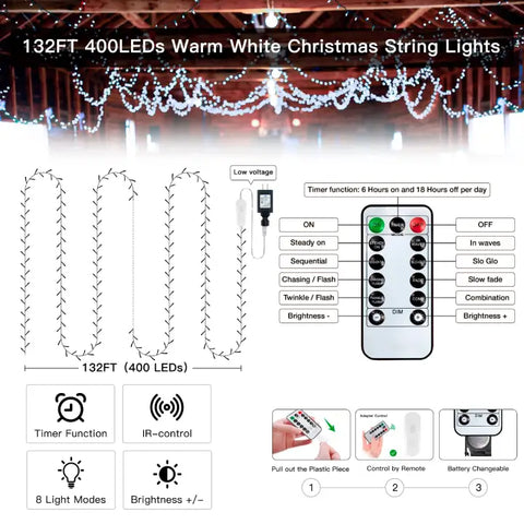 400 LED 132ft Cool White Christmas Lights (Green Cable, Plug in, 8 Modes, IP44 Waterproof)