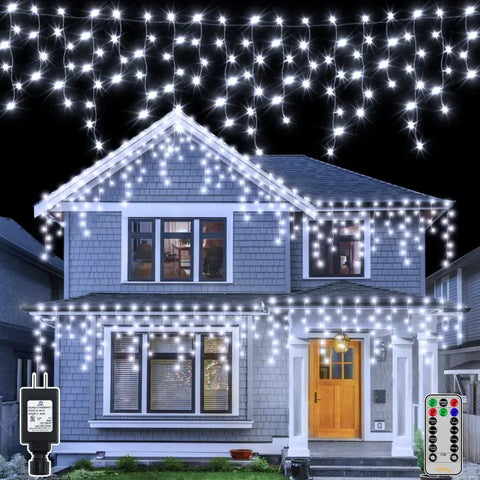 594 LED 49ft Cool White Christmas Icicle Lights (Clear Cable, Plug in, 8 Modes), Connectable up to 3 Sets