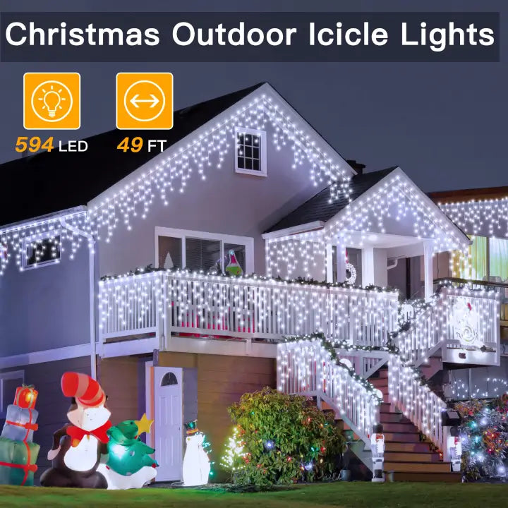594 LED 49ft Cool White Christmas Icicle Lights (Clear Cable, Plug in, 8 Modes)