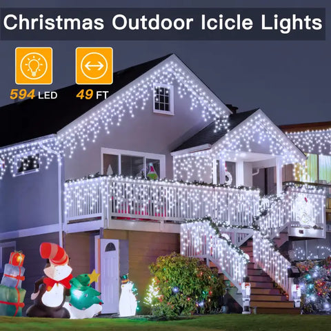 594 LED 49ft Cool White Christmas Icicle Lights (Clear Cable, Plug in, 8 Modes), Connectable up to 3 Sets