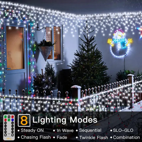 594 LED 49ft Cool White Christmas Icicle Lights (Clear Cable, Plug in, 8 Modes), Connectable up to 3 Sets