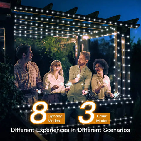 Ollny's 600 leds clear wire cool white Christmas lights with 8 lighting modes and 3 timer function