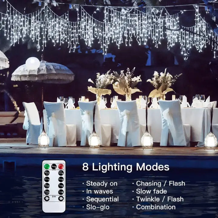 Ollny's 720 leds cool white icicle lights with 8 lighting modes