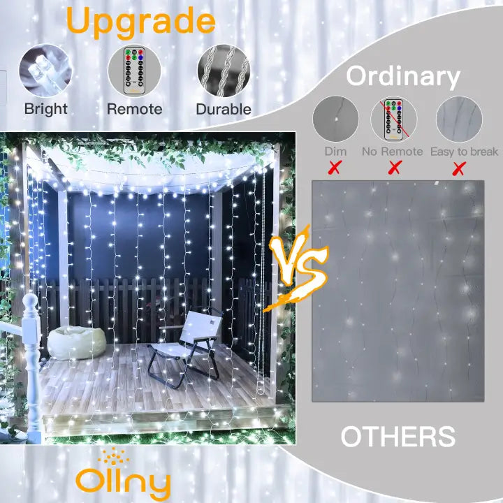 Ollny's 200 leds cool white curtain lights are brighter, more durable than other brands, and feature remote control.
