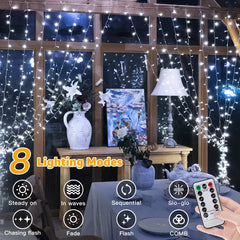 Ollny's 200 leds cool white curtian lights with 8 lighting modes