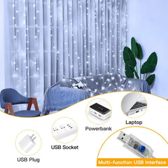 Ollny's 200 leds cool white curtain lights can be powered in multiple ways via a usb port
