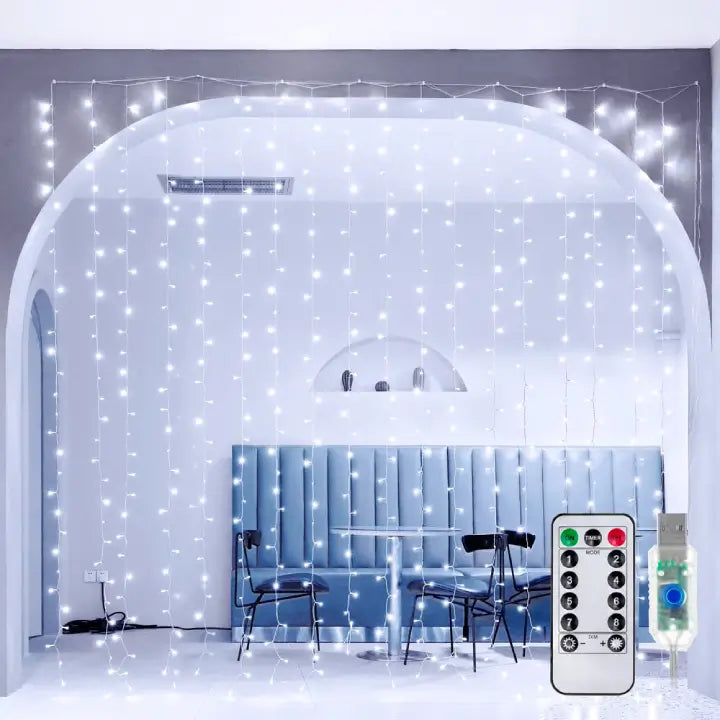 Ollny's 300 leds cool white curtain lights clear cable usb powered