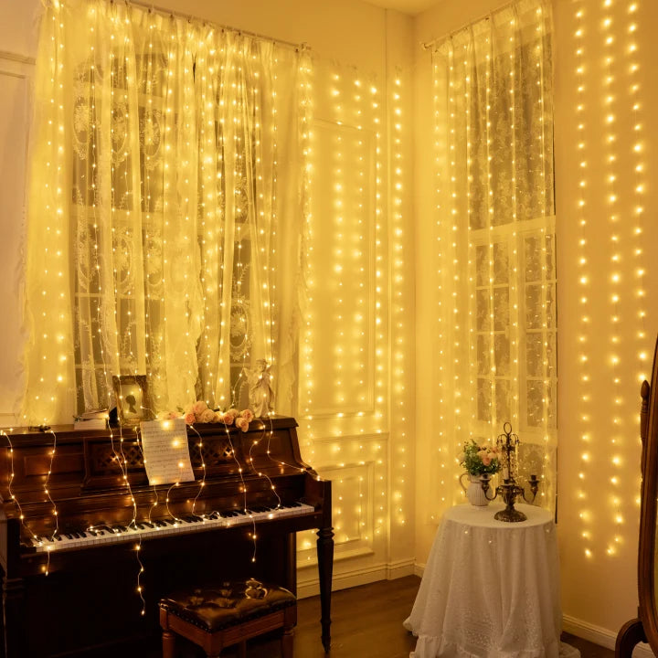 Ollny 300 LED 9.8ft*9.8ft Outdoor Curtain Lights (Connectable, IP67 Waterproof, Warm White, Clear Cable, 8 Modes, Plug-in)