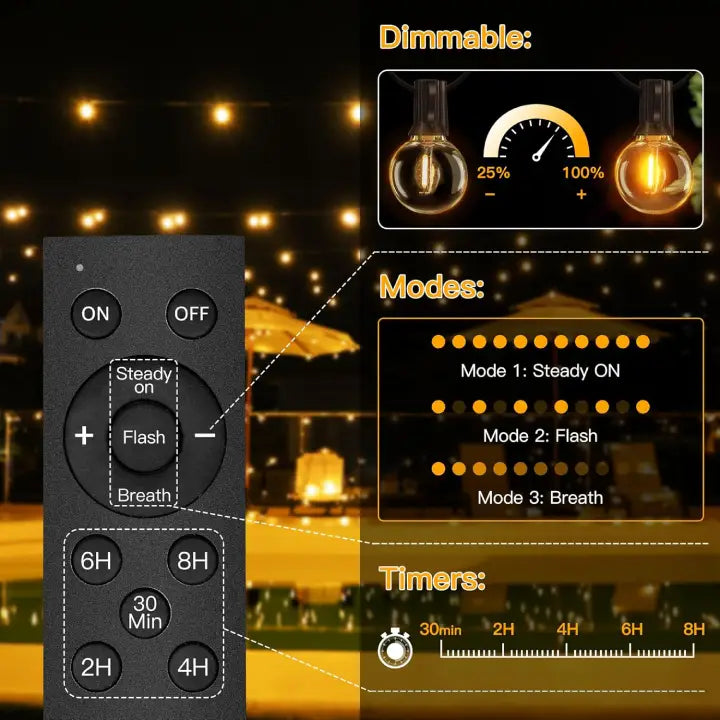 
                  
                    use G40 solar string lights remote to adjust brightness, timer, modes.
                  
                