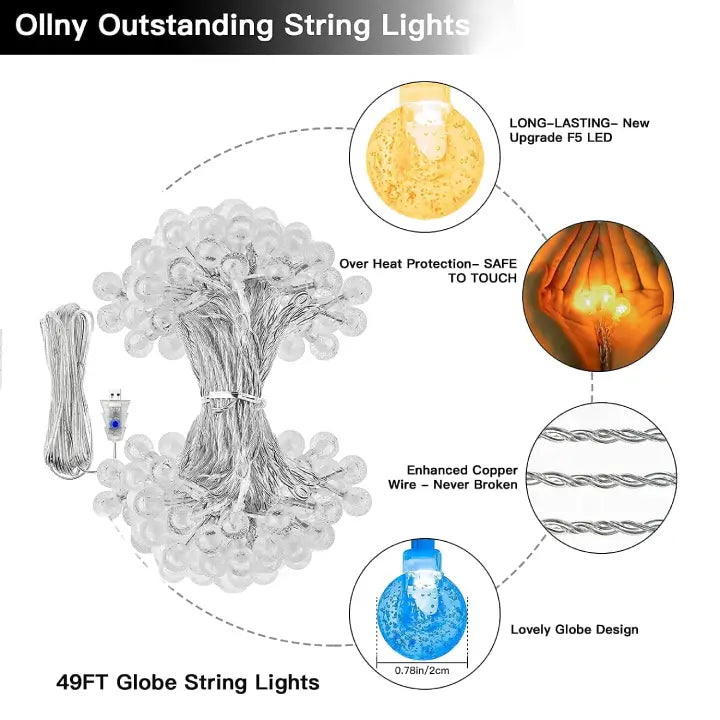 Features of Ollny 100 leds warm white/multicolor globe string lights