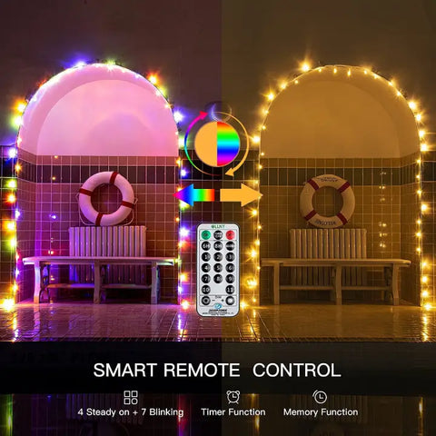 Ollny's 100 leds globe string lights comes with Remote Control which enables you to switch 4 Colors, 11 Modes and set 3 Timer Modes.