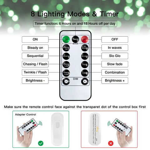 Remote and controller instructions for Ollny's 400 led green string lights