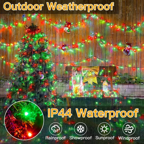 Ollny red and green outdoor string lights for Christmas tree and festive decorations, featuring IP44 waterproof rating