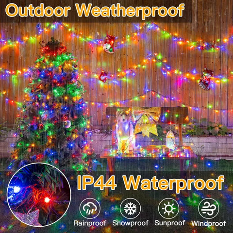 Colorful outdoor string lights for Christmas tree and festive decorations, featuring IP44 waterproof rating
