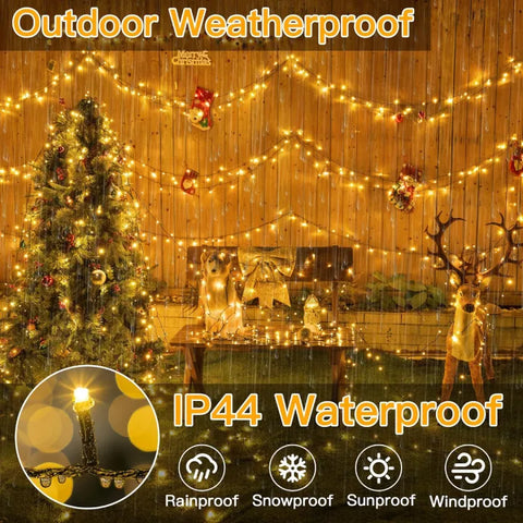 Ollny warm white outdoor string lights for Christmas tree and festive decorations, featuring IP44 waterproof rating