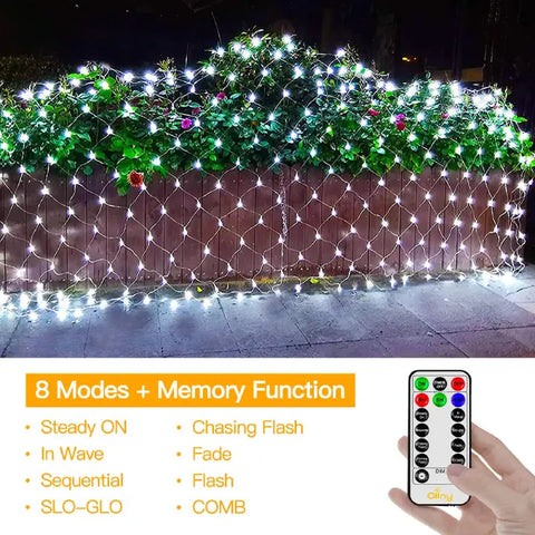 Ollny's 200 leds cool white IP67 waterproof net lights with 8 lighting modes and memory function