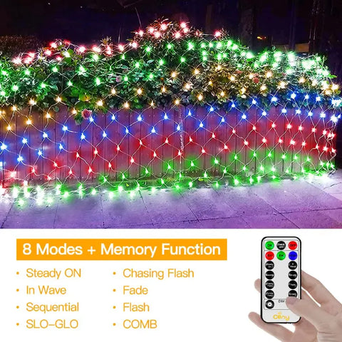 Ollny's 200 leds multicolor IP67 waterproof net lights with 8 lighting modes and memory function