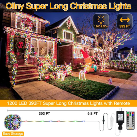 1200 LED 393ft Multicolor IP67 Waterproof Christmas String Lights (Green Wire, Plug in, 8 Modes)