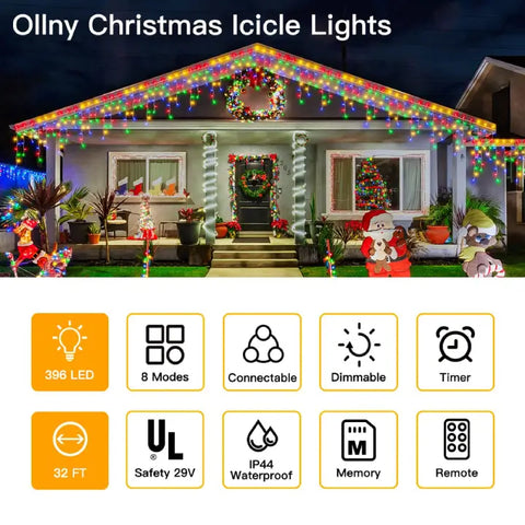 Ollny's 396 leds 32ft multicolor icicle lights features list