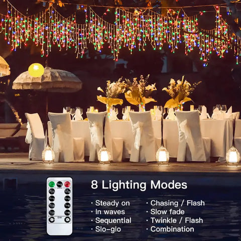 Ollny's 396 leds 32ft multicolor icicle lights can switch 8 lighting modes by remote control