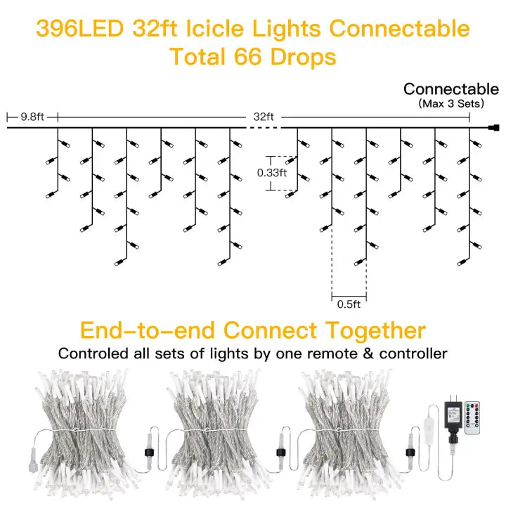 Ollny's 396 leds 32ft multicolor icicle lights length dimensions and instructions on how to connect it