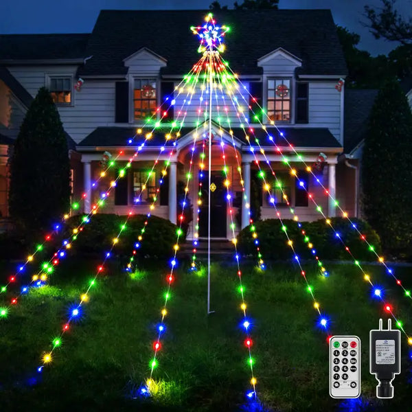 Ollny 340 Led Multicolor Christmas Lights Tree For Lawn (With Pole, Clear Wire, IP67 Waterproof, 8 Modes, Plug In)