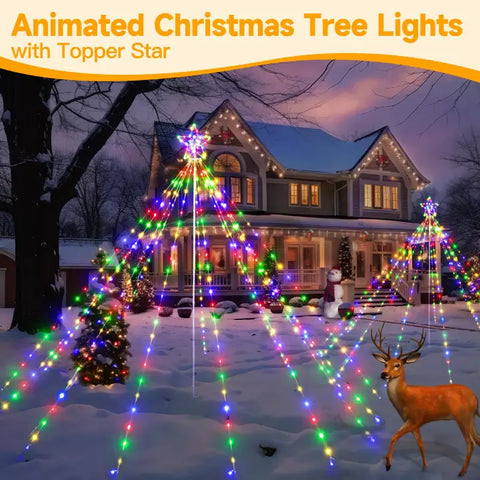 Ollny 340 Led Multicolor Christmas Lights Tree For Lawn (With Pole, Clear Wire, IP67 Waterproof, 8 Modes, Plug In)