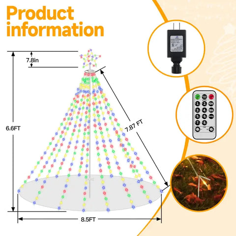 Ollny 340 Led Multicolor Christmas Lights Tree For Lawn (With Pole, Clear Wire, IP67 Waterproof, 8 Modes, Plug In)