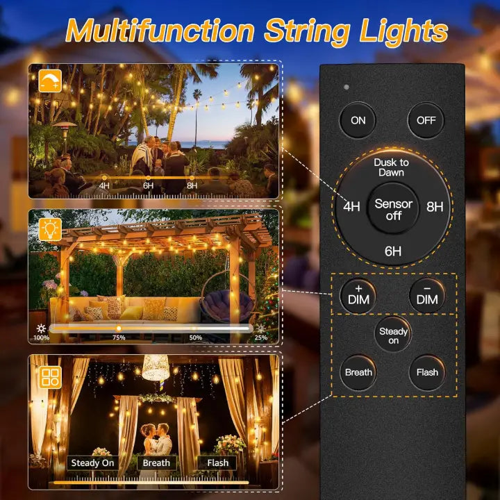S11 Multifunction string lights with brightness, timer, dusk to dawn feature on remote 