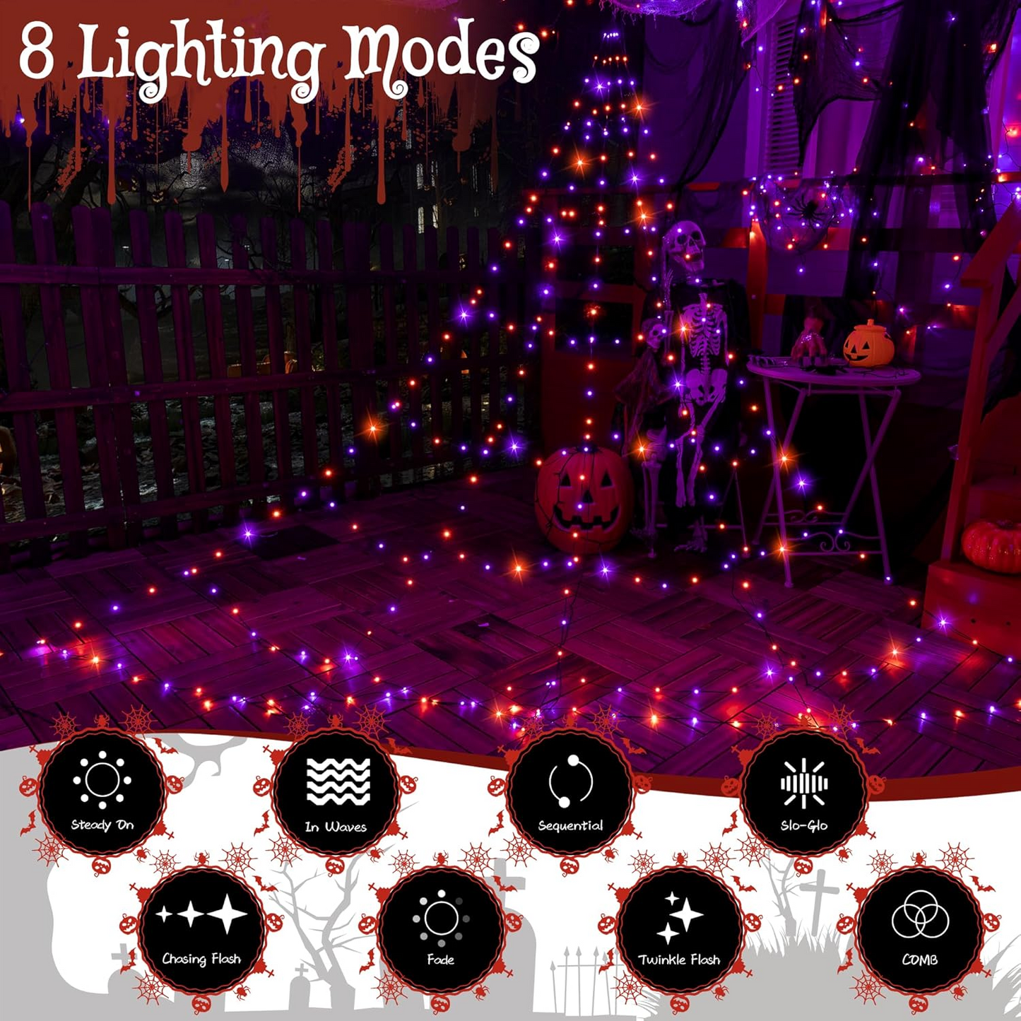 
                  
                    Ollny Halloween Spider Web Lights Outdoor 266/454 LEDs, 9.8/17.4 FT Plug in 8 Modes Timer Memory Waterproof Halloween Decor for Yard Garden Home Party
                  
                