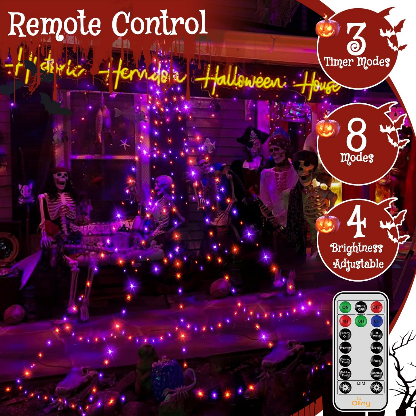 
                  
                    Ollny Halloween Spider Web Lights Outdoor 266/454 LEDs, 9.8/17.4 FT Plug in 8 Modes Timer Memory Waterproof Halloween Decor for Yard Garden Home Party
                  
                