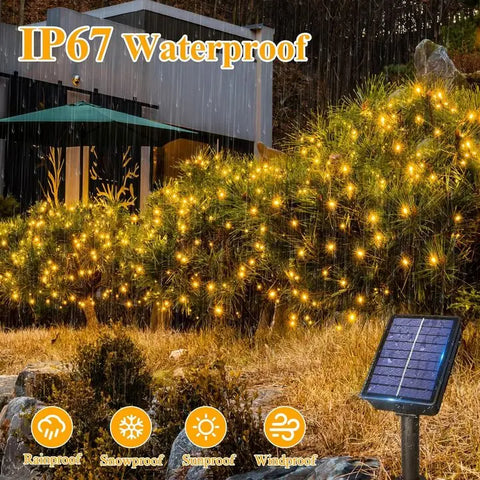 200 LED 66ft Warm White Solar String Lights (2 Packs, Solar Power, 8 Modes, IP67 Waterproof)