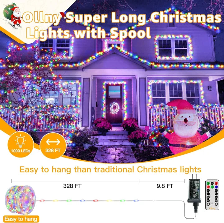 Ollny super long multicolored Christmas lights with spool