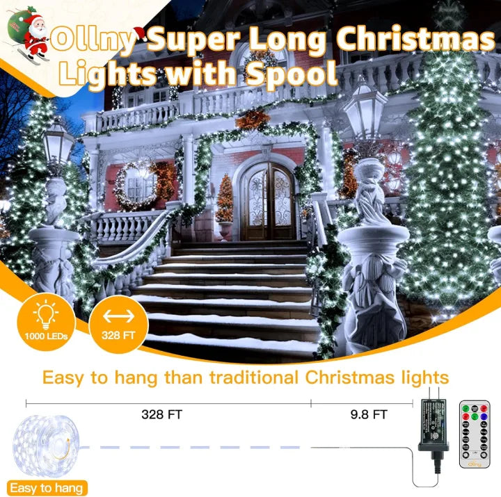 Ollny super long white LED Christmas lights with spool