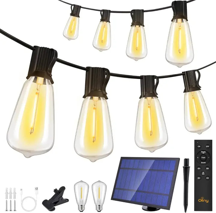 ST38 solar lighting for patios 50FT with 2 spare bulbs, 1 solar panel with stake, 1 remote controller, 1 clip, 1  usb cable, 3 screw sets 