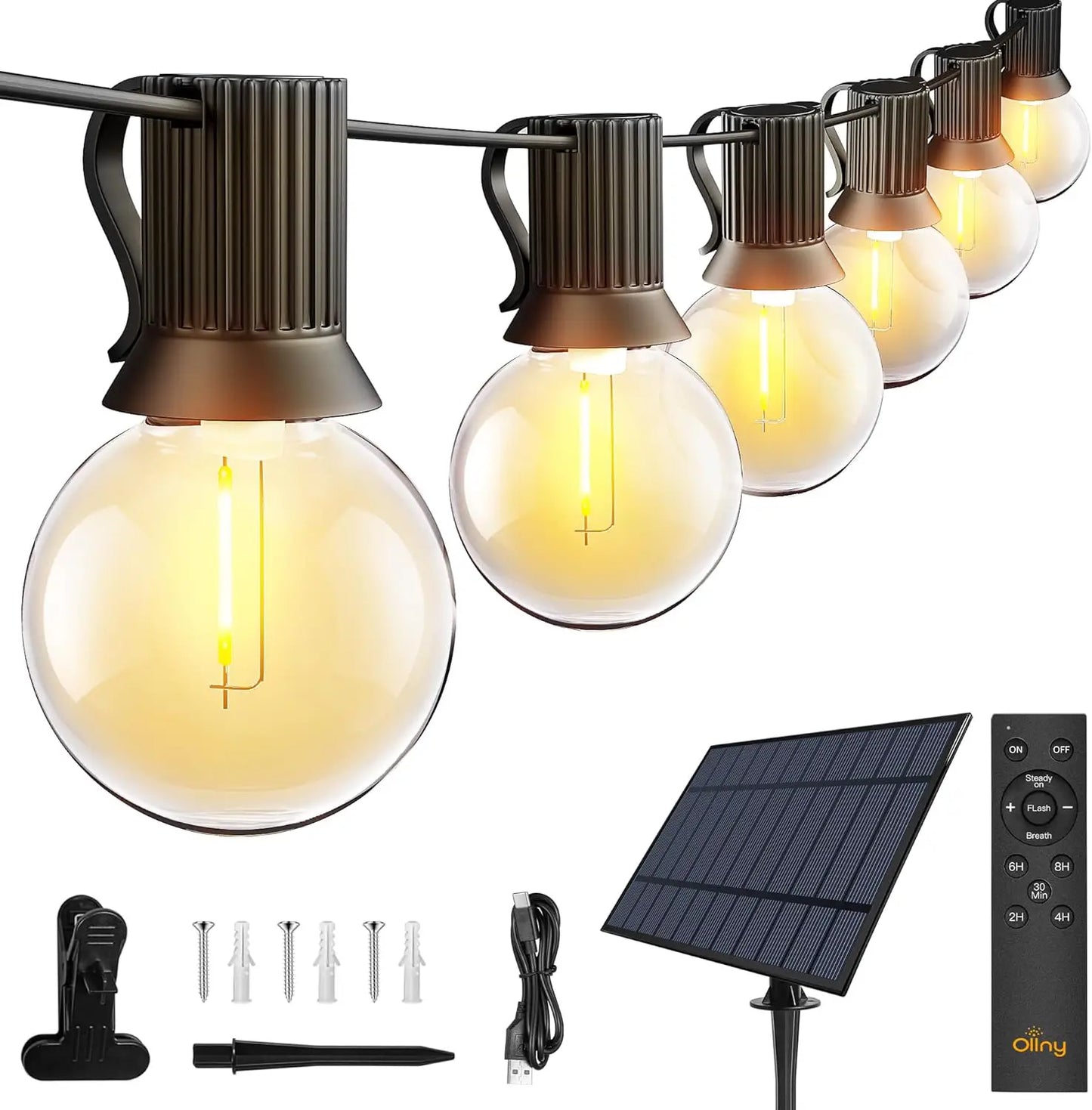 Ollny g40 solar patio lights with solar panel, remote, clips, ground plugs, and screws