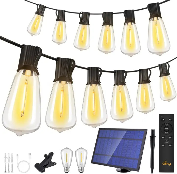 ST38 solar power string lights 100FT with 2 spare bulbs, 1 solar panel with stake, 1 remote controller, 1 clip, 1  usb cable, 3 screw sets 