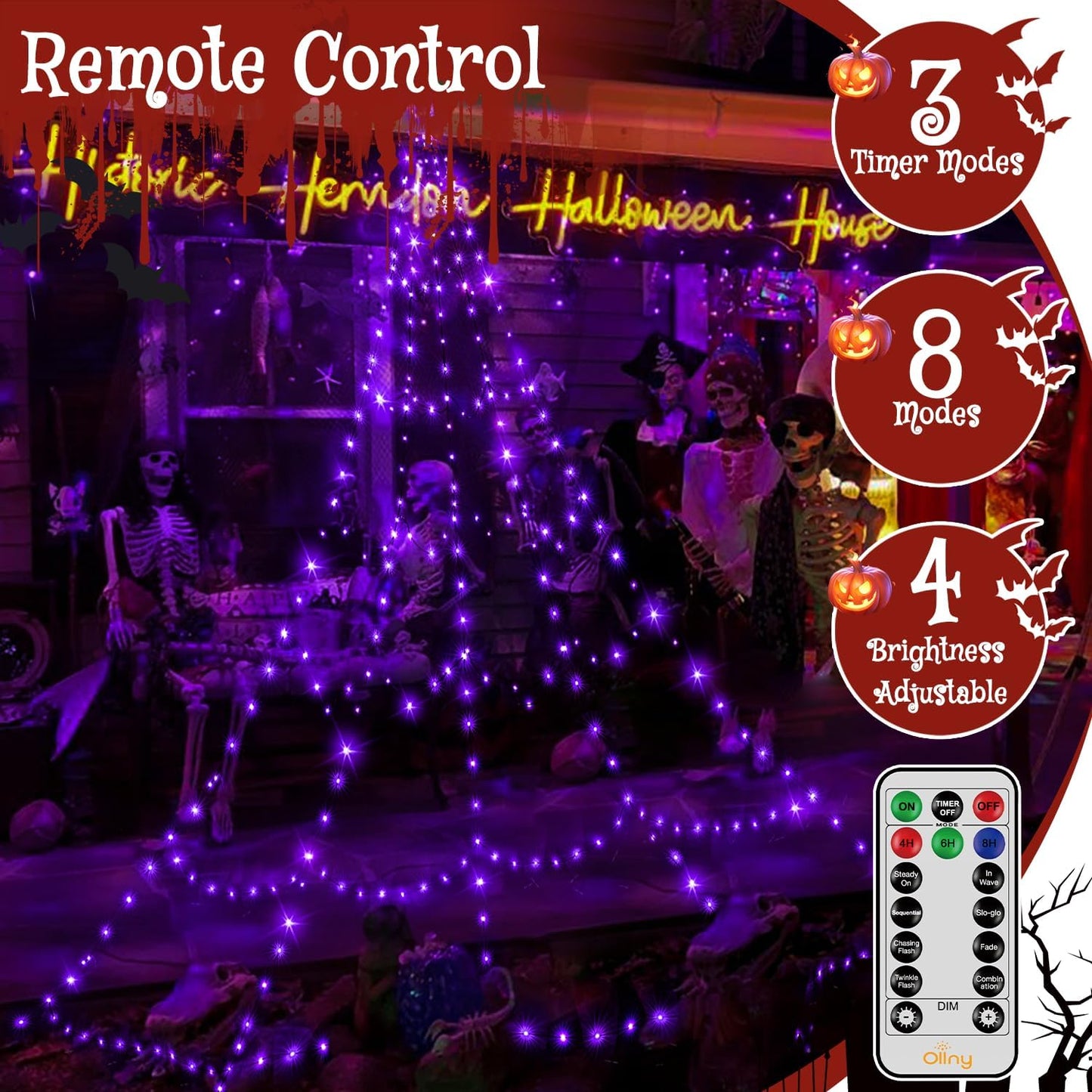 
                  
                    Ollny Halloween Spider Web Lights Outdoor 266/454 LEDs, 9.8/17.4 FT Plug in 8 Modes Timer Memory Waterproof Halloween Decor for Yard Garden Home Party
                  
                