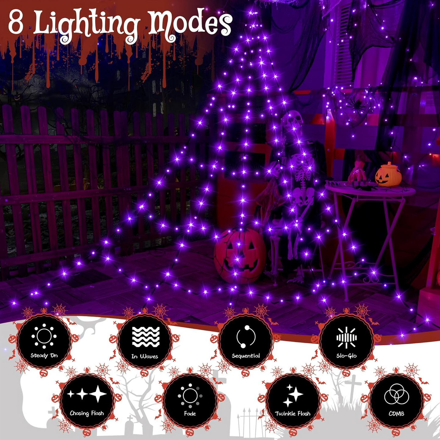 
                  
                    Ollny Halloween Spider Web Lights Outdoor 266/454 LEDs, 9.8/17.4 FT Plug in 8 Modes Timer Memory Waterproof Halloween Decor for Yard Garden Home Party
                  
                