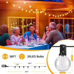 30FT G40 RGB 16 Colors Changing Patio Lights (20 Bulbs, 8 Modes, IP65 Waterproof)