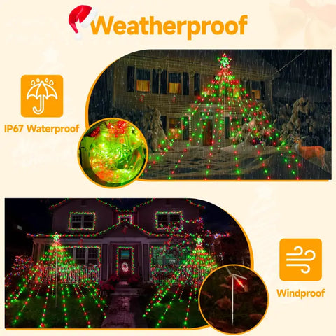 340 Led Red and Green Christmas Lights Tree For Lawn (With Pole, Clear Wire, IP67 Waterproof, 8 Modes, Plug In)