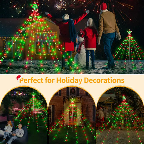 340 Led Red and Green Christmas Lights Tree For Lawn (With Pole, Clear Wire, IP67 Waterproof, 8 Modes, Plug In)