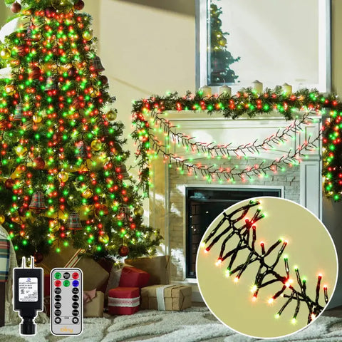 600 LED 30ft Red & Green Cluster Lights (Green Cable, Plug in, 8 Modes, IP44 Waterproof)