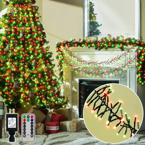 600 LED 30ft Red & Green Cluster Lights (Green Cable, Plug in, 8 Modes, IP44 Waterproof)