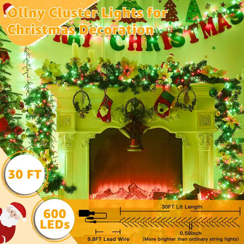 600 LED 30ft Red & Green Cluster Lights (Green Cable, Plug in, 8 Modes, IP44 Waterproof)