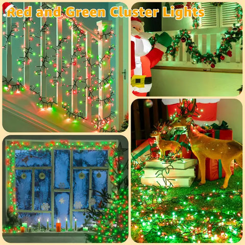 600 LED 30ft Red & Green Cluster Lights (Green Cable, Plug in, 8 Modes, IP44 Waterproof)